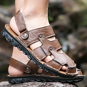 abordables Sandalias casuales-Sandalias de cuero negras con correa ajustable para hombre: transpirables, ligeras, cómodas para exteriores y uso informal de verano.