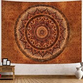 baratos Tapeçarias de Parede-Tapeçaria de parede mandala boêmia em tons de laranja queimado, com intrincado medalhão floral, arte étnica tribal boho para decoração de casa, sala de estar, quarto ou escritório.