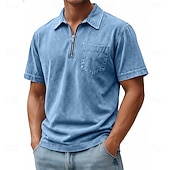 halpa Miesten klassinen poolopaita-SoftFade™ Miesten Vetoketjullinen Polo 100% Puuvillaa Happopesu Paita Rentoa Päivittäinen Käyttö Neljännes Vetoketju Lyhythihainen Muoti Perus Yksinkertainen Denim Tasku Haalistunut Kesä Kevät