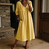 economico Abiti Falsi Essenziali-Abito Midi da Donna in 100% Cotone Abito a Finta Lino Abito all Aline Abito Estivo Vacanza Festa Casual Giornaliero Ufficio Spiaggia Vestibilità Larga Semplice Maniche Corte Collo a V Blu Chiaro Nero