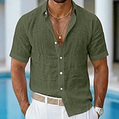 abordables Vacances-Homme Chemise Chemise en lin Chemise Décontractée Chemise Boutonnée Chemise en coton Uni Occasionnel Plage Bleu Noir Blanche Rose Claire Manche Courte Col Rabattu Été Vêtement Tenue Pur