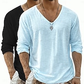  Camiseta de lino para hombre, 2 piezas, manga larga, cuello en V, verano, primavera &Conjunto de 2 piezas liso para verano, color liso, para uso diario, estilo urbano, informal, para exteriores, color