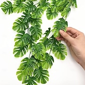 abordables Plantas y Vegetación Artificial-Paquete de 4 enredaderas colgantes artificiales, hojas de monstera falsas, hiedra, hojas de jungla, plantas de palma tropical, ratán para plantas de interior, hogar, cocina, jardín, pared exterior,