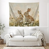 cheap Wall Tapestries-Easter Cute Bunnies Playing Violin Spring Garden Colorful Eggs Basket Flowers Oil Painting Style Wall Tapestry Wall Hanging Living Room Kids Bedroom Home Decor Party Backdrop