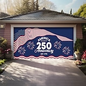 cheap Garage &amp; Door Banners-4th of July 2026 250th Memorial Day Anniversary 1775 Wavy American Flag Stars Stripes Fireworks Garage Door Banner Patriotic Outdoor Decoration Independence Day 4th of July Celebration Mural Backdrop