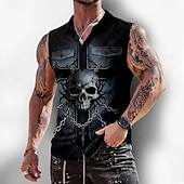 preiswerte Vintage Hemd-Herren Gothic-Horror Kreuz Totenkopfe Hemd Knopfhemd Ärmelloses Shirt Ärmellos Dunkler Gothic-Stil Outdoor Lässig Sommer Frühling Umlegekragen 3D-Druck Zwei Fronttaschen Blau Schwarz Purpur Braun