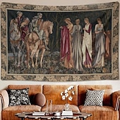 abordables Tapisseries murales-Tapisserie murale médiévale représentant le roi Arthur, un chevalier, avec le texte d'Arthur, une croix celtique et un écu royal. Tissu vintage à suspendre, idéal pour une bibliothèque, un garage