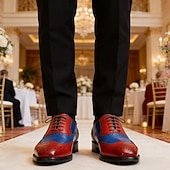 voordelige Klassieke Dress Schoenen-Geklede herenschoenen met vleugelneus van echt leer – premium rundleer, tweekleurig rood en blauw, elegante oxfordstijl, comfortabele formele schoenen voor heren, perfect voor bruiloften, feesten en kantoor.