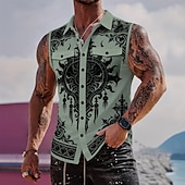 preiswerte Vintage Hemd-Herren Barock- Schnörkelwerk Komplizierte Blumen Hemd Knopfhemd Ärmelloses Shirt Ärmellos Gothic Style Vintage-Retro Outdoor Lässig Sommer Frühling Umlegekragen 3D-Druck Zwei Fronttaschen Blau Wei