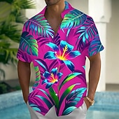 cheap Tropical Plants-Men's Tropical Flowers Palm Leaf Neon Glow Summer Hawaiian Shirt Button Up Shirt Aloha Shirt Short Sleeve Hawaiian Vacation Summer Spring Turndown 3D Print Collared Shirts Front One Pocket Black