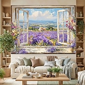 cheap Wall Tapestries-3D Zen Garden Window View Wall Tapestry Cherry Blossoms Sakura Pond Rocks Shoji Screen Tea Set Home Decor Living Room Bedroom Backdrop Office Mural Art