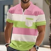ieftine Polo geometric pentru bărbați-Bărbați Dungi Tricouri polo Manșon scurt Tricouri de polo Cămăși cu guler Casual În aer liber Îmbrăcăminte Atletică Concediu Buzunar Imprimare 3D Polo cu fermoar sfert Primavara vara Albastru piscin