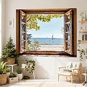 cheap Wall Tapestries-3D Zen Garden Window View Wall Tapestry Cherry Blossoms Sakura Pond Rocks Shoji Screen Tea Set Home Decor Living Room Bedroom Backdrop Office Mural Art