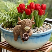 זול פסלי גן ופסלים-פסלוני שרף של פרה היילנד עם כוסות שתייה, תוספות חמודות לעציצים, פסל צפרדע משרף, מושלם לקישוט עציצים, גינות, אקווריומים וטרסות