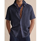 cheap Classic-Men's Shirt Linen Shirt Button Up Shirt Solid Color Vacation Street Black White Yellow Light Green Short Sleeve Shirt Collar Summer Spring Clothing Apparel Buttons