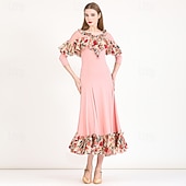 billiga Standard Ballrum-Tiodans Klänning Tryck Plisserat Tvinning Dam Fest Träning Prestanda Långärmad Elastan Polyester
