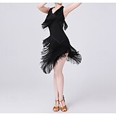 Недорогие Платья для практики-красное платье для сальсы с V-образным вырезом и бахромой