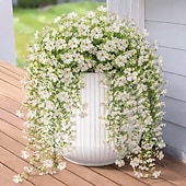 cheap Artificial Flower-4 Pcs Artificial Hanging Flowers Plants for Outdoor Spring Decoration,Faux Silk Violet with Eucalyptus Leaves,UV Resistant for Outside Home Indoor Planter Porch Patio Balcony Yard Decor