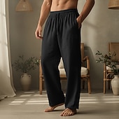preiswerte Heim-Herren Leinenhosen Hose Sommerhose Kordelzug Elastischer Bund Gerader Schnitt Einfach Komfort Atmungsaktiv Volle Länge Lässig Täglich Ferien Urlaub Mode Schwarz Weiß Unelastisch