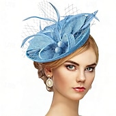 baratos Fascinadores-Fascinadores Linho Casamento Aniversário Vintage Estilo bonito Retro Com Penas Capacete Chapéu