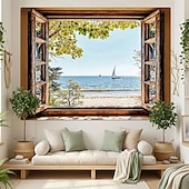 cheap Wall Tapestries-3D Zen Garden Window View Wall Tapestry Cherry Blossoms Sakura Pond Rocks Shoji Screen Tea Set Home Decor Living Room Bedroom Backdrop Office Mural Art