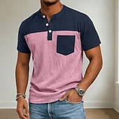 preiswerte Lässiges Henley-T-Shirt-Herren Henley Hemd Hemd aus 100 % Baumwolle in Säurewaschung Kurzarm Henley Sommer Frühling Ganzjahres Farbblock Patchwork Retro Vintage Lässig Henley Patchwork Vintage-Stil Farbblock Lässig Blau Kaki