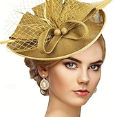 baratos Fascinadores-Fascinadores Linho Casamento Aniversário Vintage Estilo bonito Retro Com Penas Capacete Chapéu