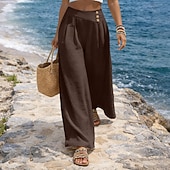 cheap Wide Leg &amp; High Waisted-Women's Trousers Casual Pants Summer Pants Beach Pants Vacation Fashion Casual Daily Full Length Mid Waist Solid Color Plain Wide Leg Comfort Soft Breathable Inelastic Streetwear Beach Holiday Blue