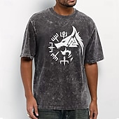  T-shirt vintage streetwear con stampa vichinga lupo fenrir valknut runica bussola mitologia norrena lavaggio acido da uomo, manica corta girocollo casual abbigliamento quotidiano abbigliamento firmato