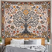 billige Veggoppheng-Livets tre folkekunst veggteppe bohemsk etnisk fugler og blomster natur landskap svart bakgrunn åndelig hjemdekor stue soverom bakgrunn innendørs veggmaleri