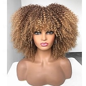 Недорогие Парик из искусственных волос без шапочки-основы-Кудрявые афро-парики для чернокожих женщин, афро-парик с челкой, без клея, пышный и объемный, как бомба, подходит для повседневной носки и работы, черный цвет