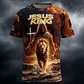  Męska Biblia Jezu Król Lwica z Judy Krzyż Fale Potężny Chrześcijański Religijny T-shirt z nadrukiem w całej powierzchni Krótki rękaw Okrągły dekolt Kościół Duchowy Prezent Koszulka Odzież Projektancka