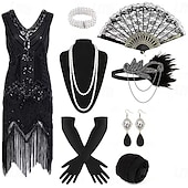 economico Abiti degli anni '20-Set Anni Ruggenti Anni 1920 Lunghezza al ginocchio Vestito Abito Flapper Abiti con accessori Senza maniche Il grande Gatsby Charleston Invitato al matrimonio Paillettes Frangia con nappe Piuma Scollo