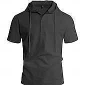 cheap Classic-Men's Shirt Linen Shirt Button Up Shirt Solid Color Casual Beach Black White Navy Blue Khaki Short Sleeve Hoodie Summer Spring Clothing Apparel Buttons