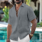 cheap Vacation-Men's Shirt Linen Shirt Summer Shirt Button Down Shirt Casual Shirt Beach Shirt Solid Color Vacation Daily Black White Pink Blue Short Sleeve Collar Summer Clothing Apparel