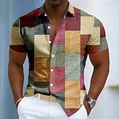 economico Geometrica-Per uomo Geometrico Blocco di colori Patchwork Camicia Camicia con Bottoni Manica Corta Moda Casual Quotidiano All'aperto Vacanza Estate Primavera Collo ripiegato Stampa 3D Camicia tipo lino Blu Rosso
