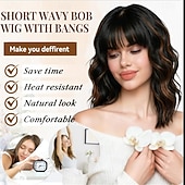 billiga Syntetiska peruker utan hätta-Black Mixed Brown Wig with Bangs Short Wavy Bob Wigs for Women Synthetic Shoulder Length Hair Natural Looking Curly Wig Heat Resistant Hair Replacement Bob Wigs (14 Inch)