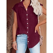 cheap Plain Blouses-Women's Blouse Cotton Shirt Buttons Solid Color Vintage Daily Stylish Short Sleeve Shirt Collar Regular Tops Daily Blue Black White Pink Wine Summer Spring