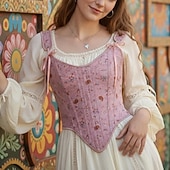 billige Topper-Kostymer i middelalderstil Renessanse Cottagecore Korsett Bodice Viking Bonde Blondér Blomstret Kostyme Dame Keltisk fantasi Halloween Karneval Ytelse LARP Ren Faire Voksne Korsett