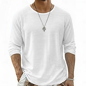 cheap Cotton Linen T-shirts-Men's Tee Top Linen T-Shirt Long Sleeve Round Neck Summer Spring All Seasons Solid Color Plain Daily Casual Street Style Plain Casual Outdoor Street White Top Tee for Men