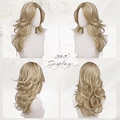 お買い得  トレンドの合成ウィッグ-女性用、ダーティブロンドのウェーブのかかったレイヤードウィッグ、カーテンバング付き、長さ22インチの合成繊維製、自然な見た目のセンターパートウィッグ、コスチュームパーティーや普段使いに最適