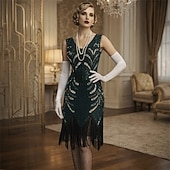 economico Abiti degli anni '20-Set Anni Ruggenti Anni 1920 Lunghezza al ginocchio Vestito Abito Flapper Abiti con accessori Senza maniche Il grande Gatsby Charleston Taglie Forti Frangia con nappe Scollo a V Costume Per donna