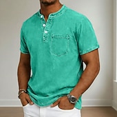 economico magliette di base-Per uomo Maglietta Maglia Henley Camicia 100% cotone lavaggio acido Manica Corta Collo alla coreana Henley Estate Primavera Autunno Semplice Vintage Streetwear Casual Lavato Manica corta Casuale Casa