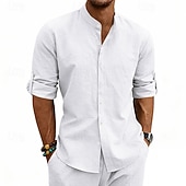 economico Classico-Per uomo Camicia Camicia di lino Camicia Estiva Abbigliamento da spiaggia Camicia con colletto alla coreana Camicia con Bottoni Semplice Casuale Vacanza Blu Nero Bianco Cachi Manica Lunga Colletto a