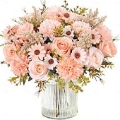 cheap Artificial Flower-Artificial Flowers Like Real Artificial Bouquet 2/4 Packs Silk Artificial Roses Bouquet with Daisy Chrysanthemum Pink Flowers for Valentines Day Centerpiece Table Wedding Party Decor