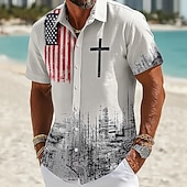 economico Magliette Patriottiche 250-Camicia Uomo 250° Anniversario Bandiera Us Cross Button Up a Maniche Corte Patriotiche All'Aperto Feste Estive Primaverili Rivoltata Stampa 3D Camicie Collo Blu Bianco