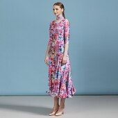 זול Salão de Dança Padrão-Ballroom Dance Dress Floral Print Pleats Women's Party Training Performance 3/4 Length Sleeve High Elastane
