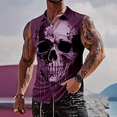  Per uomo Teschio Scheletro Camicia Camicia con Bottoni Maglietta senza maniche Senza Maniche Stile gotico oscuro All'aperto Casual Estate Primavera Collo ripiegato Stampa 3D Due tasche anteriori Nero