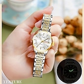 voordelige Quartz-horloges-Luxe dameshorloge, tweekleurige goud-zilveren roestvrijstalen band, lichtgevende wijzers met datum- en dagweergave, elegante zwarte wijzerplaat met diamanten accenten, een stijlvol polshorloge voor