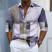 levne Geometriské vzory-Pánské Geometrický Barevné bloky Slátanina Košile Košile na knoflíky Dlouhý rukáv Móda pro volný čas Venkovní Na den Jaro Podzim Přehnutý 3D tisk košile s límečkem Vodní modrá Fialová Trávová zelen